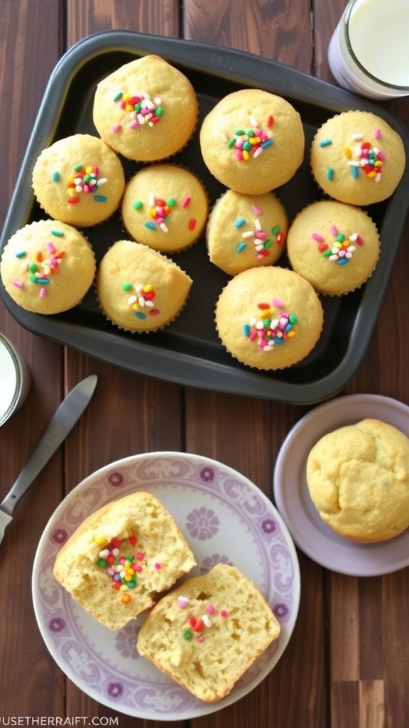 Freshly baked Funfetti Greek Yogurt Muffins with colorful sprinkles on a wooden table.